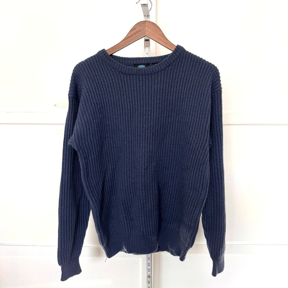 Vtg Fisherman Knit Sweater Medium Navy Ribbed Knit Crewneck